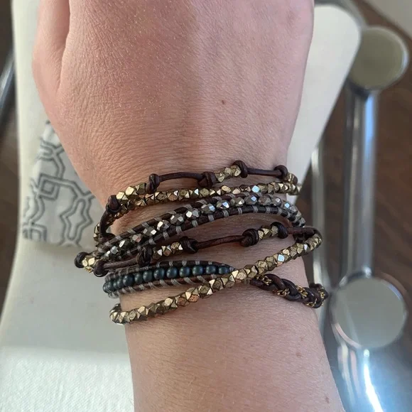CHAN LUU beaded wrap bracelet leather with gold/silver tone nuggets NEW RARE - Picture 5 of 15